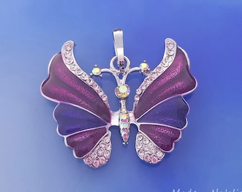 Purple Butterfly Pendant, Rhinestone and Enamel Butterfly Pendant, Violet Butterfly, Big Pendant for Long Chain Sweater Necklace