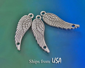 Angel Wing Connectors 30x9mm (6pc), Antique Silver Bracelet Wing Connectors, Angel Wing Pendants with 2 Holes, Angel Wing Charms