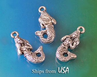 Mermaid Charms (6), Antique Silver Mermaid's Back Charms, Double Sided Charms, Ocean Charms, Cute Mermaid Charm, Little Mermaid Pendant