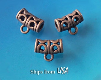 Filigree Bails  (10), Bronze Tone Tube Bail Beads with Swirl Design, Charm Holder Bail with Hole 3mm, Antique Bronze Bead Bails for Cord 2mm