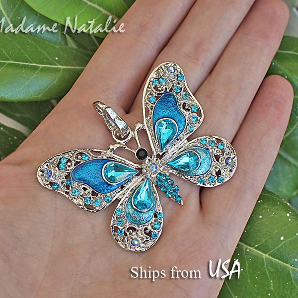 Blue Butterfly Pendant, Blue Rhinestone Butterfly Pendant, Sky Blue Enamel Butterfly, Long Necklace Butterfly Pendant, Butterfly Jewelry