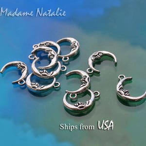 WHOLESALE Moon Charms (30), Double Sided Tibetan Silver Crescent Moon Charms,  Face Moon Charms, Celestial Charms, Moon Charms in bulk