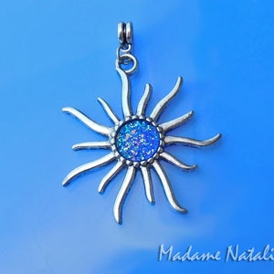 Blue Resin Druzy Sun Pendant: Tibetan Silver Celestial Jewelry