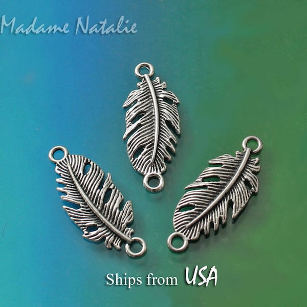 Feather Connectors 35X13mm, Tibetan Silver Feather Bracelet Connectors, Detailed Feather Link Slightly Curved, American Indian Symbol