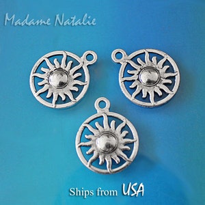 Sun Charms (10), Silver Tone Sun Pendant 20x16, Radiating Sun Charms, Sun in Circle Pendant, Sunshine Charm, Silver Celestial Findings