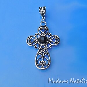 Filigree Cross Pendant with Black Rhinestone, Black Ornate Cross, Christian Pendant, Rhinestone Cross Pendant
