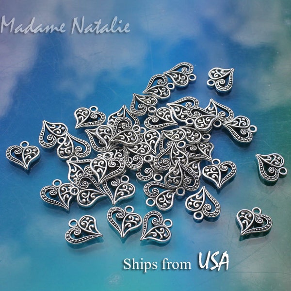 Heart Charms (50/100pc) Wholesale, Tibetan Silver Filigree Heart Charms in Bulk, Silver Hearts, Small Filigree Hearts, Heart Findings Bulk