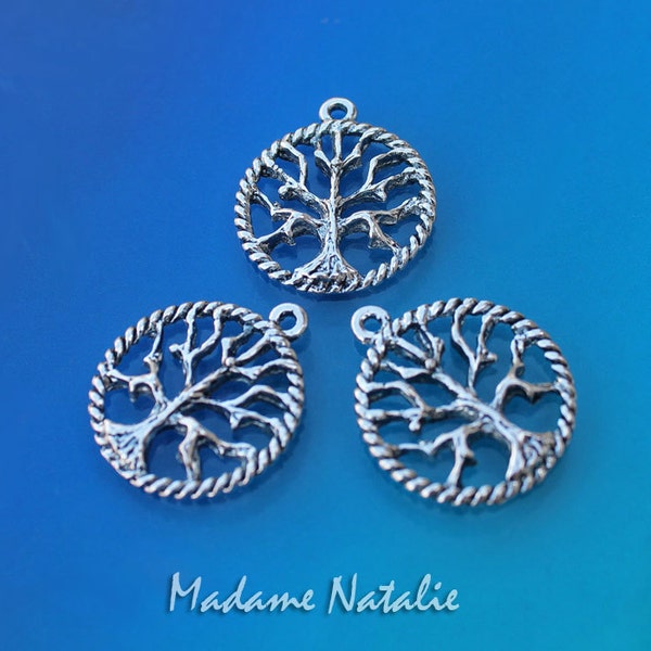Tree of Life Charms (6), Antique Silver Doublesided Tree Charms 22mm, Small Tree of Life Pendants, Tibetan Silver Round Tree Charm
