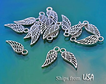 WHOLESALE Angel Wing Charms 18x7mm (50) Double Sided, Tibetan Silver Small Angel Wing Pendants, Tiny Angel Wing Findings, Wing Charms