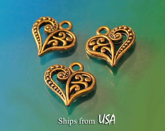 Heart Charms, Antiqued Gold Filigree Heart Charms, Gold Tone Small Heart Charms, Small Filigree Hearts, Heart Findings, Carved Heart