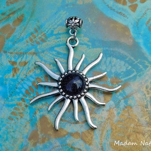 Blue Goldstone Sun Pendant: Tibetan Silver Celestial Jewelry