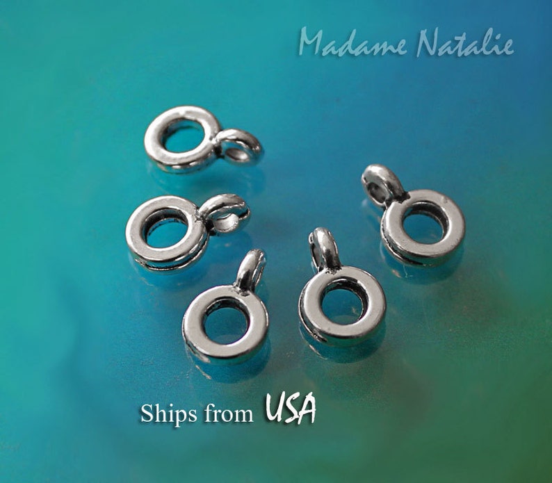 Small Silver Tone Bails 20, Simple Ring Spacer Beads with Bail, Charm Holder Bail fits 3mm Cord, Silver Simple Bail, Silver Ring Bail image 1