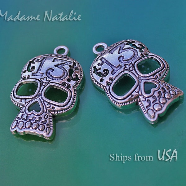 Skull Pendants(2), Tibetan Silver Sugar Skull Pendant, Lucky 13 Skull, Halloween Pendant, Halloween Pendants. Number 13 Skull