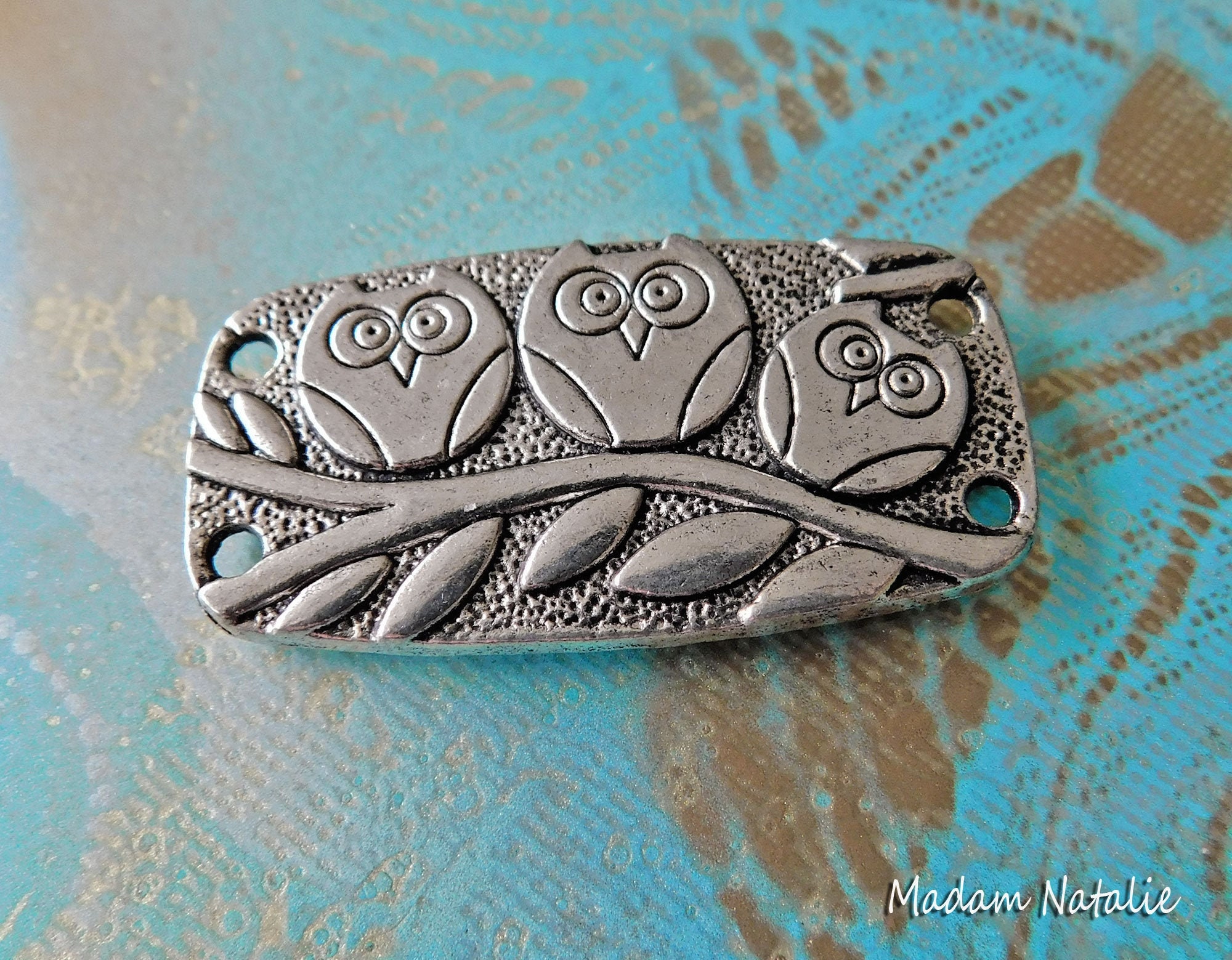 Rectangular Owl Connectors 37x20mm (3pc), Three Owl on Branch Connector, Big Rectangular Bracelet Co