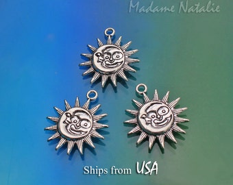 Sun Moon Pendants (3), Antique Silver Tone Sun and Moon Big Charms, Double Sided Sun Moon Pendants, Celestial Charms, Sun and Moon Face