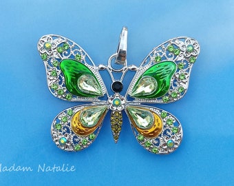 Green Butterfly Pendant 57x42mm, Green Rhinestone Butterfly Pendant, Enamel Butterfly, Butterfly Pendant, Green Yellow Butterfly Jewelry