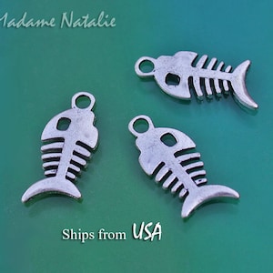 Tibetan Silver Fish Skeleton Charms: Halloween Pendants (26x11mm, 8pcs)