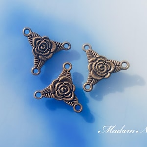 Rose 3-way Connectors (10pc), Antique Bronze Tone Double-side Connectors, Flower with 3 Leaves Connector, Rosary Style Link