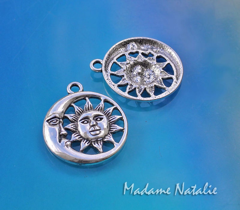 Antique Silver Sun and Moon Pendants: Celestial Charms (30x26mm) - Etsy