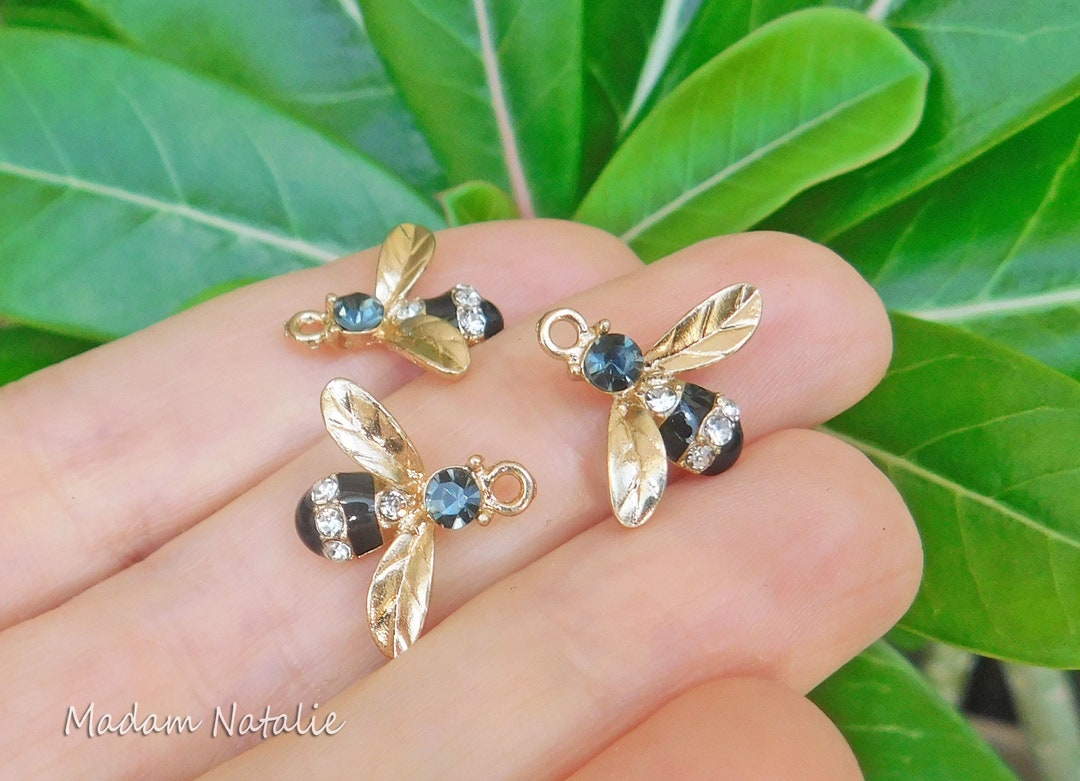 Bee Charms 17x15mm 5pc, Gold Tone Bee Charms, Black Gold Bee, Small Insect Pendant, Rhinestone