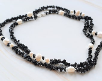 Monochrome Layering Long Beaded Necklace, Black Spinel and White Freshwater Pearls with Sterling Silver Clasp, Natural Gemstones, Jewelry