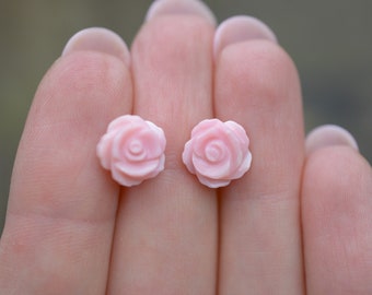 Pink Roses Studs, Flower Earrings, Minimalist Jewelry, Mother of Pearl Carved Shell, Dainty Flower Studs, Floral Gift Idea, Natural Shell