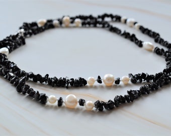 Long Beaded Layering Necklace, Black Spinel and White Freshwater Pearls with Sterling Silver Clasp, Natural Gemstones, Monochrome Jewelry