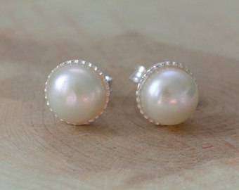 6-7mm AAA White Freshwater Pearl Stud Earrings & Sterling Silver, Classic Jewelry, Bridesmaid Earrings, Minimalist Look, Natural Gemstones