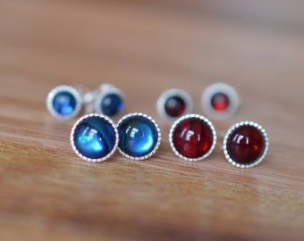 Shell Stud Earrings, Best Friend Gift, Jewelry Gift for Her, Small Abalone Studs, 925 Sterling Silver, Red Blue Silver Post Earrings