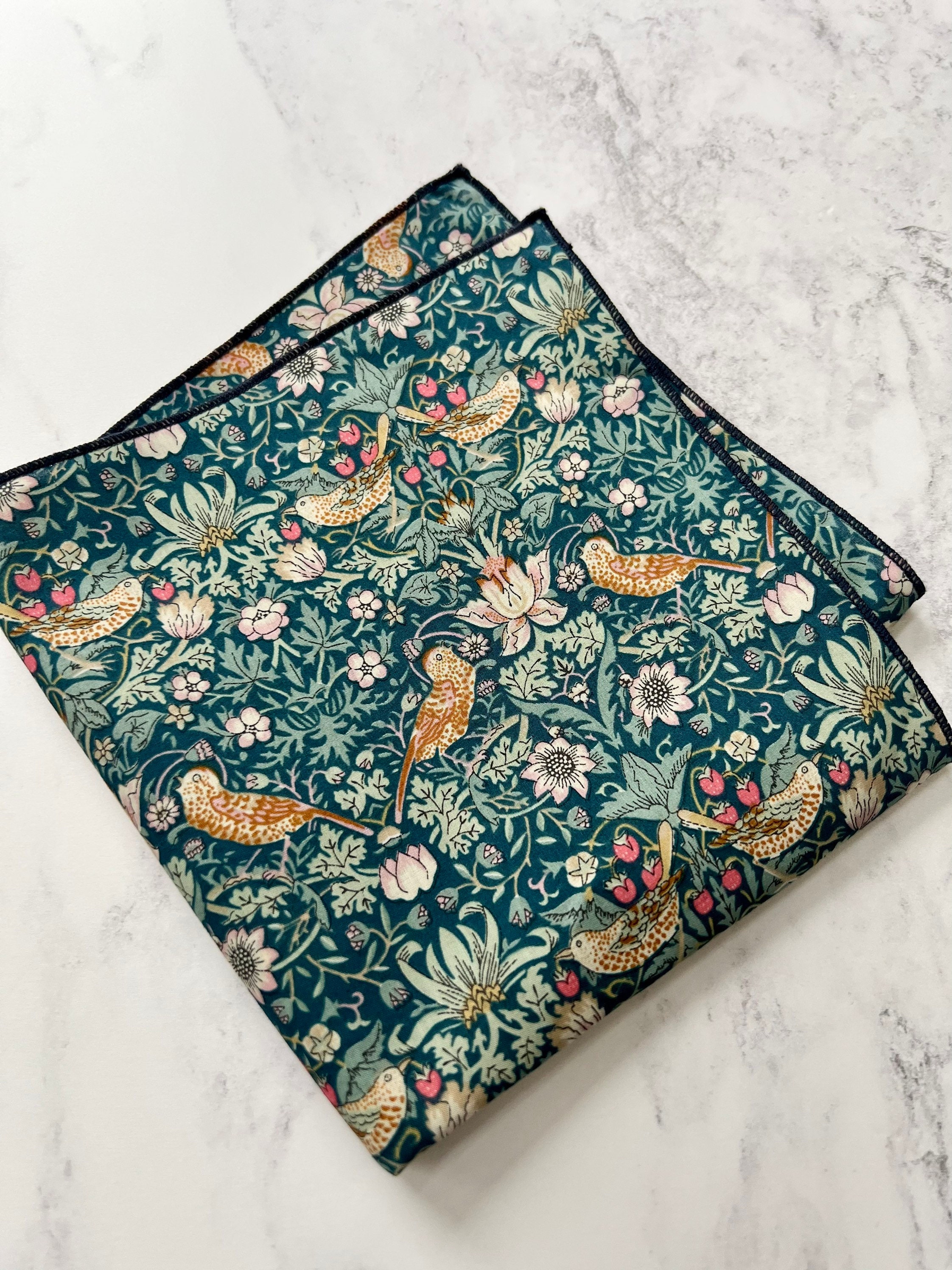 Liberty London Pocket Square. Duck Egg Pocket Square, William Morris Strawberry Thief, Handkerchief, Groom Accessory, Gift for dad
