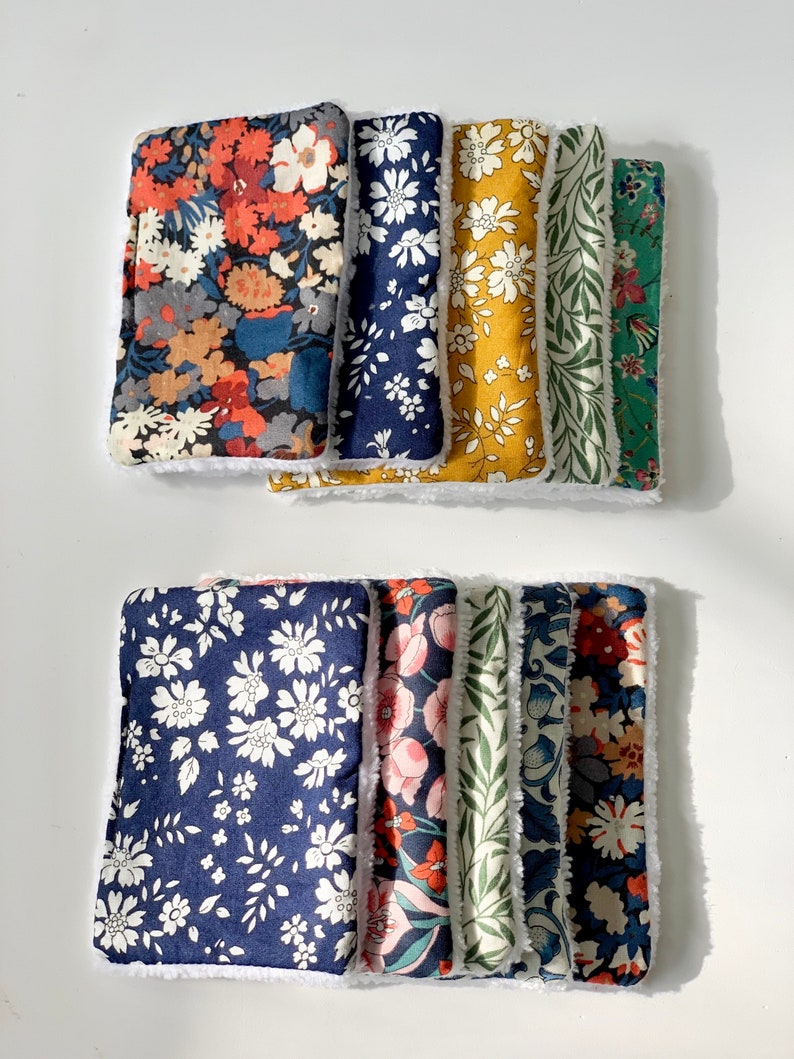 Liberty Printed Cotton and Bamboo Towelling reusable face wipes. In a variety of pretty and bold floral prints.