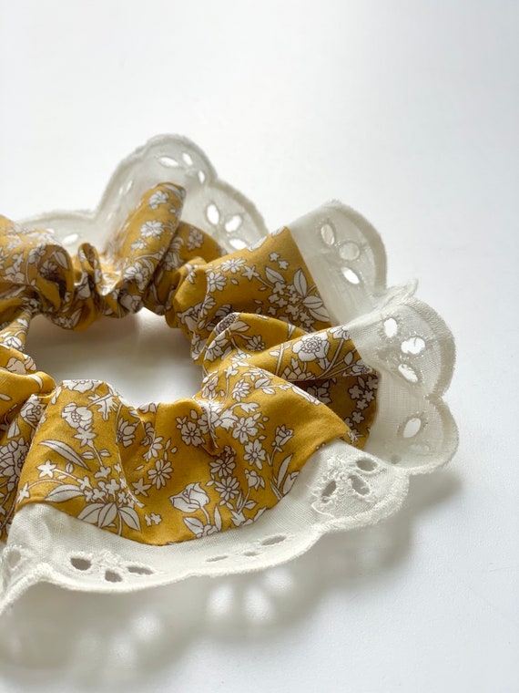 Liberty Print Srunchie, lace trim Scrunchie , mustard scrunchie, Liberty Summer Blooms, Broidery Anglais, Liberty Srunchie,