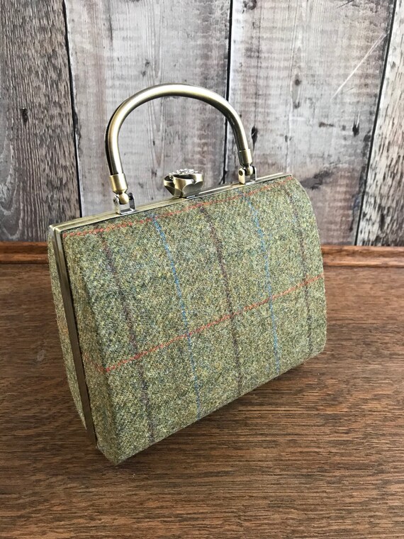 Tweed Box Clutch Bag, green check clutch, Tweed Bag, Country Accessory, Tweed Bag, Gold Clutch Bag