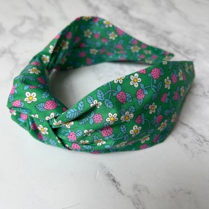 Liberty knotted green Floral Headband, Liberty Gift, Green cotton hair accessories, women's hair accessories, Summer Hair fashion Strawberries