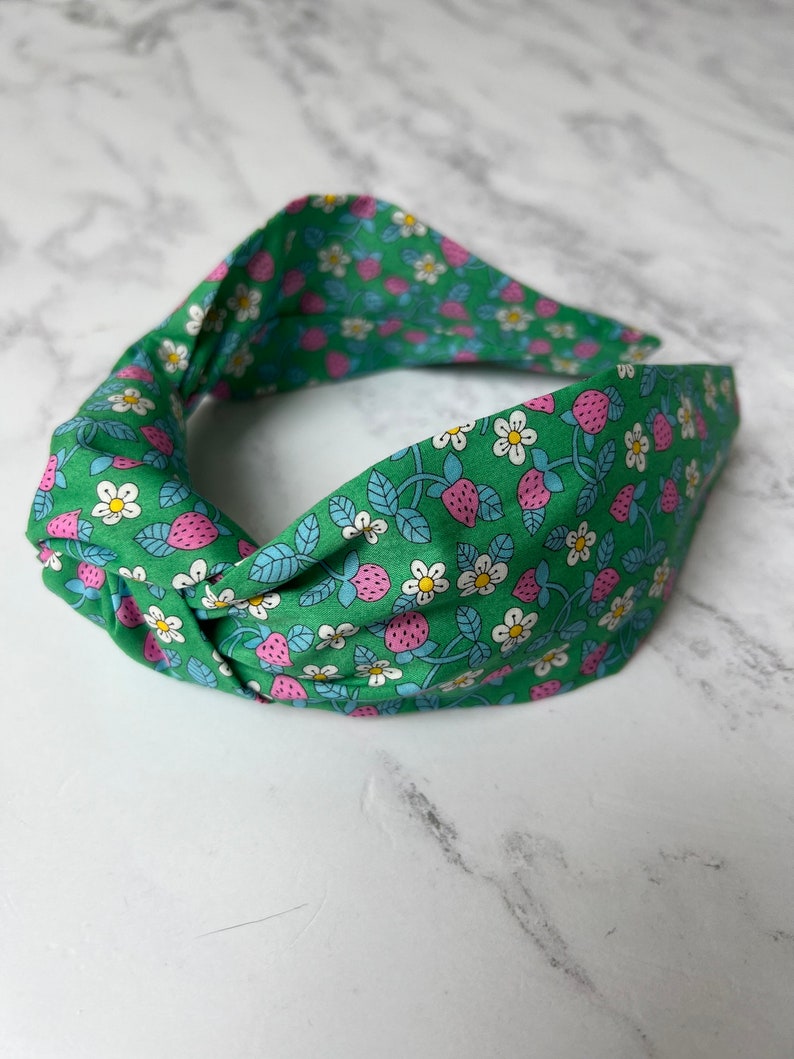 Liberty knotted green Floral Headband, Liberty Gift, Green cotton hair accessories, women's hair accessories, Summer Hair fashion Strawberries