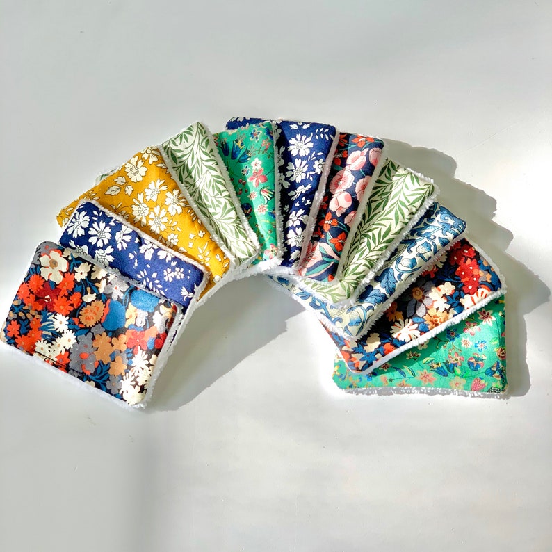 Liberty Printed Cotton and Bamboo Towelling reusable face wipes. In a variety of pretty and bold floral prints.