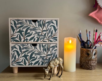 William Morris wooden storage unit, desk top mini chest of drawers, rustic accessories holder, house warming gift, floral home decor