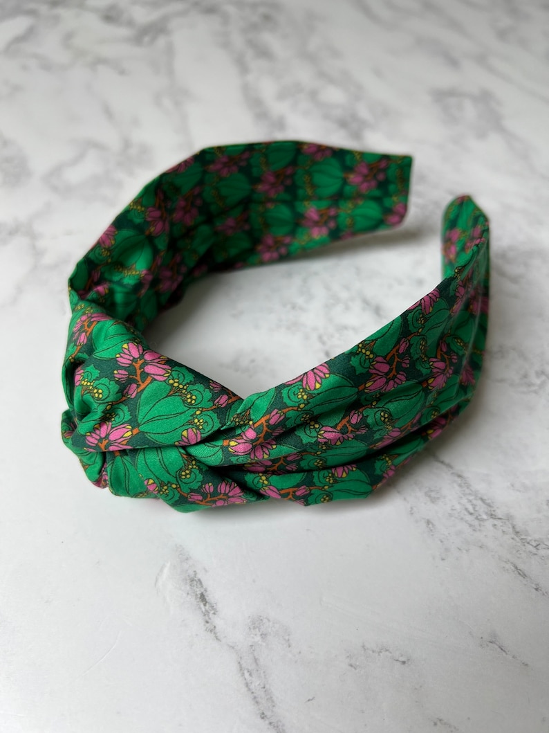 Liberty knotted green Floral Headband, Liberty Gift, Green cotton hair accessories, women's hair accessories, Summer Hair fashion Tudor Tulip
