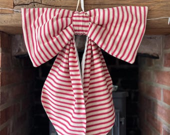 Ticking Stripe Door Bow, Large Decorative Red and Cream Bow