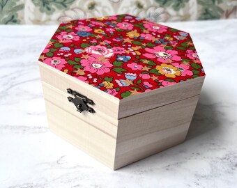 Liberty Floral Print reusable Gift Box, Christmas Eve Gift Box for adult, Hexagonal Wooden storage box with hinged lid, Pretty Jewellery Box