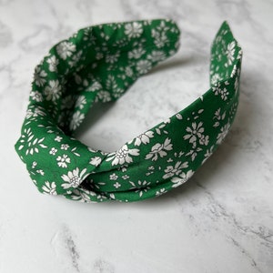 Liberty knotted green Floral Headband, Liberty Gift, Green cotton hair accessories, women's hair accessories, Summer Hair fashion Capel