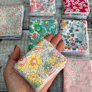 Liberty Printed Cotton and Bamboo Towelling reusable face wipes. In a variety of pretty and bold floral prints.