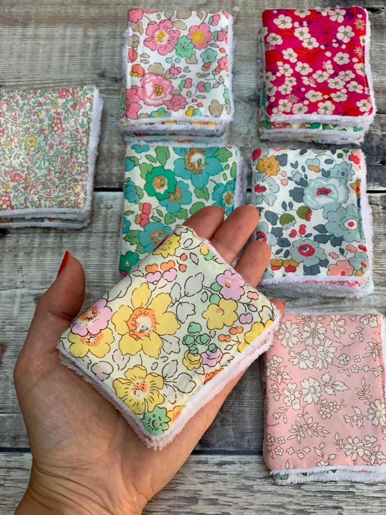 Liberty Printed Cotton and Bamboo Towelling reusable face wipes. In a variety of pretty and bold floral prints.