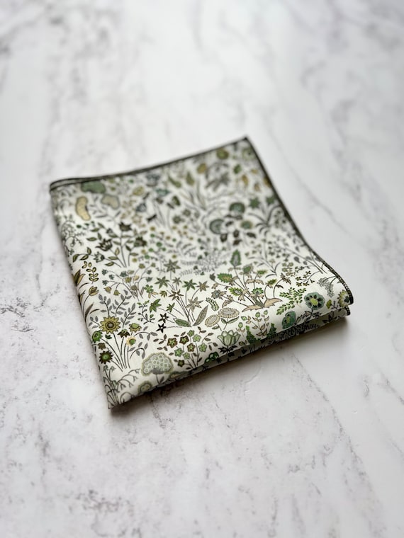 Liberty London Floral Pocket Square, Green Cotton Handkerchief, Groom Accessory