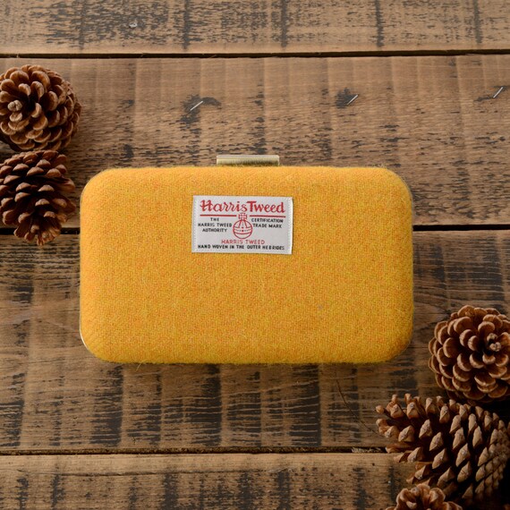 Harris Tweed Box Clutch Bag, Mustard clutch bag, Prom Bag, bridesmaid bag, races bag , Autumn bag, mustard bag