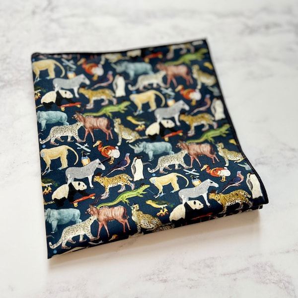 Liberty London Animal  Pocket Square. Animal print Hankerchief, Liberty Queue for the Zoo, Groom Accessory, fun Pocket Square