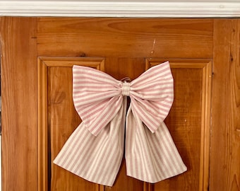 Suzie Watson Decorative Large Stripe Bow, Big Door Bow, Big Fabric Linen Bow Décor, Large Decorative House Bow, Soring Decor