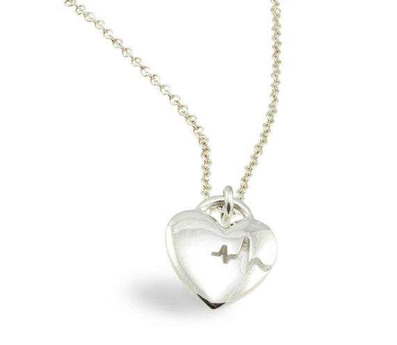 Large Silver Heartbeat Necklace Pendant Nurse Solid - Large Silver Puffed Heart Pendant Large Silver Heartbeat Necklace Pendant Nurse Solid - Large Silver Puffed Heart Pendant