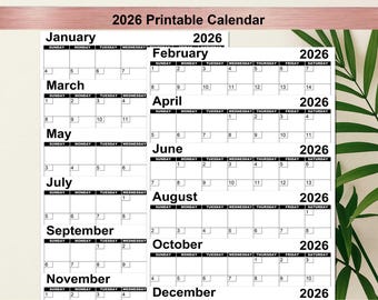 Calendario mensual 2026 con letra grande / Inicio en domingo y lunes (descarga digital)