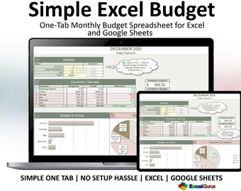 Plantilla de presupuesto en Excel y Google Sheets de una sola pestaña / Seguimiento financiero mensual (Descarga digital)